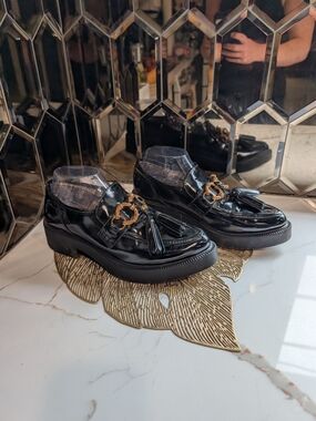 Circus NY Black Patent Tassel Loafers with Gold Accent - Women Shoes